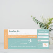 ターコイズオレンジの航空券スタイルの結婚式招待状 セーブザデート (スタンド正面)