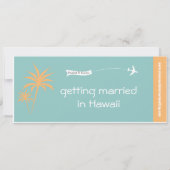 ターコイズオレンジの航空券スタイルの結婚式招待状 セーブザデート (裏面)