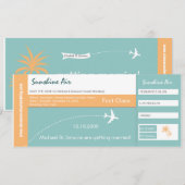 ターコイズオレンジの航空券スタイルの結婚式招待状 セーブザデート (正面/裏面)
