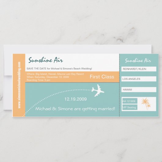 ターコイズオレンジの航空券スタイルの結婚式招待状 セーブザデート (正面)