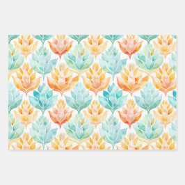 ターコイズオレンジアブストラクトジュエルフラワル ラッピングペーパーシート
