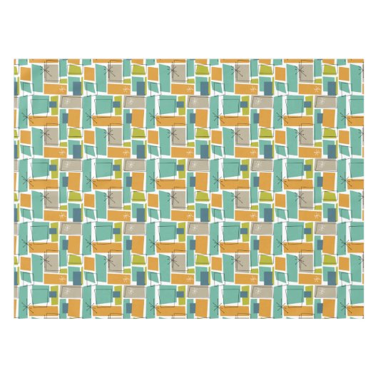 ターコイズオレンジグリーンスクウェアスターバストミッドモダン テーブルクロス (正面(横))