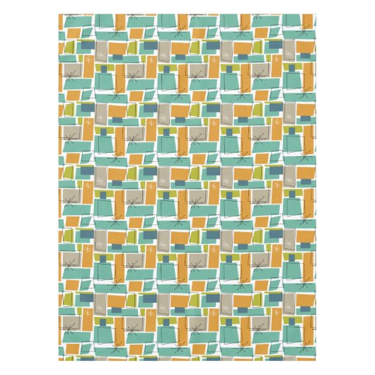 ターコイズオレンジグリーンスクウェアスターバストミッドモダン テーブルクロス (正面)