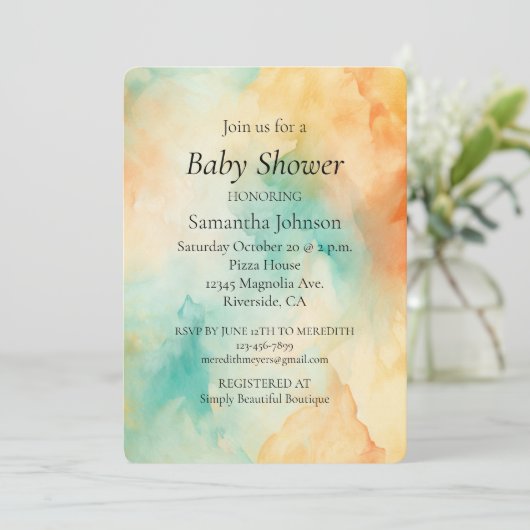 ターコイズオレンジピーチウェーブウォーター色抽象芸術 招待状 (スタンド正面)