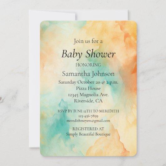 ターコイズオレンジピーチウェーブウォーター色抽象芸術 招待状 (正面)