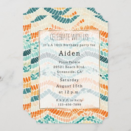 ターコイズオレンジピーチウォーターカラーウェーストライプブ 招待状 (正面/裏面)