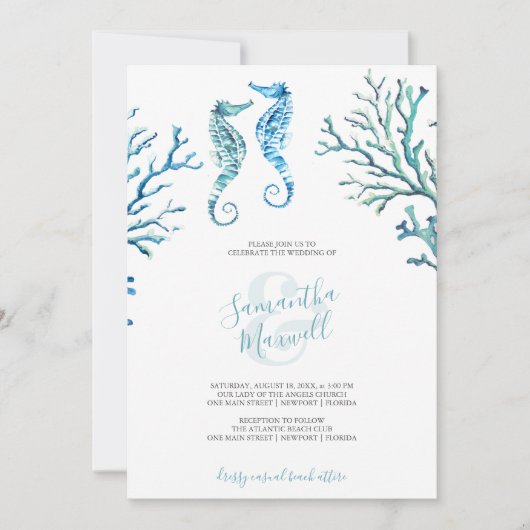 ターコイズカジュアルブルーシーホース水カラー招待状 (正面)