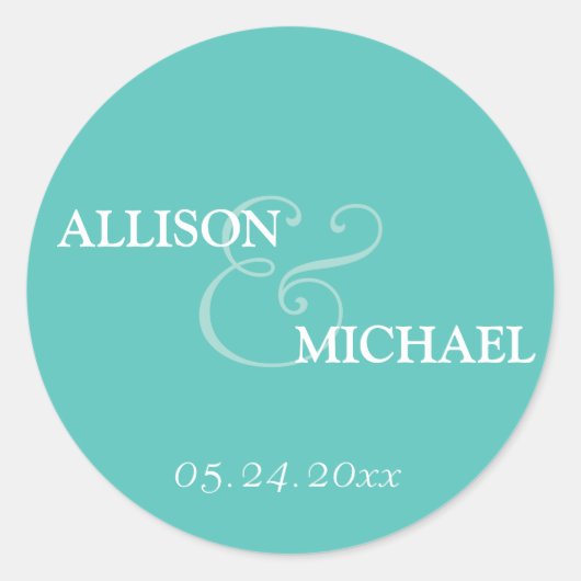 ターコイズカスタムアンパサンド結婚式の引き出物ラベル ラウンドシール (正面)