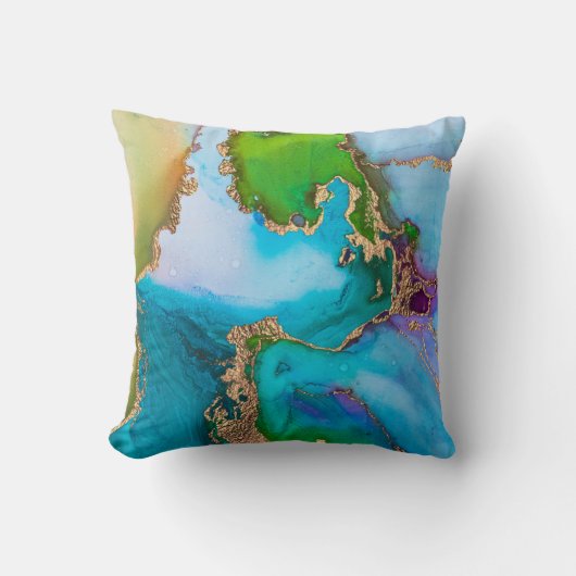 ターコイズカラフルグリーンゴールドフォイル水彩色 クッション