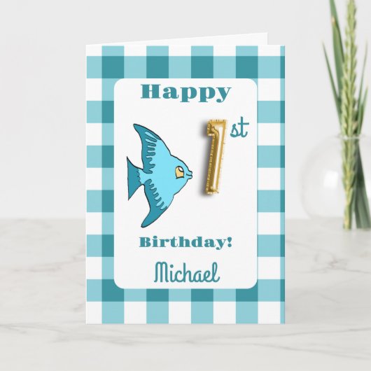 ターコイズギンガムチェックの魚とゴールドの風船ナンバー1 1歳の誕生日 カード (正面)