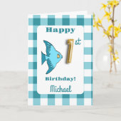 ターコイズギンガムチェックの魚とゴールドの風船ナンバー1 1歳の誕生日 カード (黄色い花)