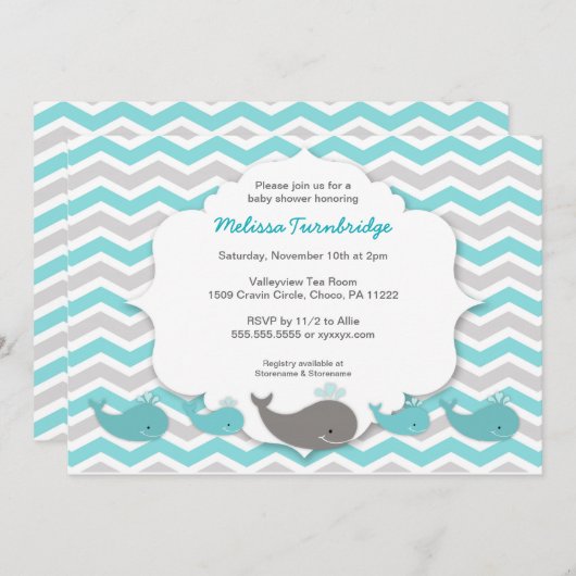 ターコイズクジラ赤ちゃんシャワー誕生日パーティー招待状 招待状 (正面/裏面)