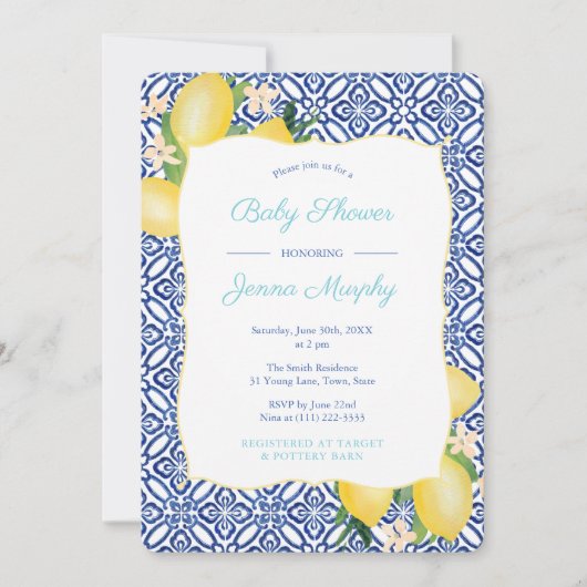 ターコイズクラシックブルータイルレモンズベビーシャワー 招待状 (正面)