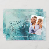 ターコイズクリスマスの海モダンと挨拶シックH シーズンカード (正面/裏面)