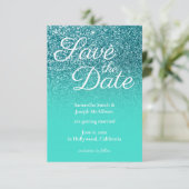 ターコイズグラデーションティール(緑がかった色)グリッター日付の保存 招待状 (スタンド正面)
