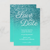 ターコイズグラデーションティール(緑がかった色)グリッター日付の保存 招待状 (正面/裏面)
