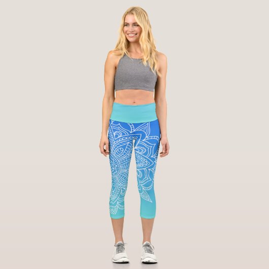 ターコイズグラデーションブルーマンダラヨガカプリレギンス カプリレギンス (正面)