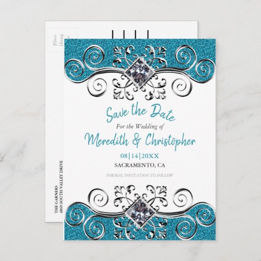 ターコイズグリッターきらきら光るウェディング日付の保存 案内ポストカード (正面/裏面)