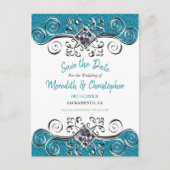 ターコイズグリッターきらきら光るウェディング日付の保存 案内ポストカード (正面)