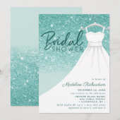 ターコイズグリッターウェディングドレス おしゃれなブライダルシャワー 招待状 (正面/裏面)