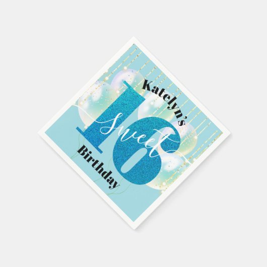 ターコイズグリッタースウィート16誕生日バルーンスクリプト スタンダードカクテルナプキン (角)