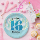ターコイズグリッタースウィート16誕生日バルーンスクリプト ペーパープレート (パーティー)