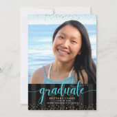 ターコイズグリッタースクリプト写真卒業オン黒 案内状 (正面)