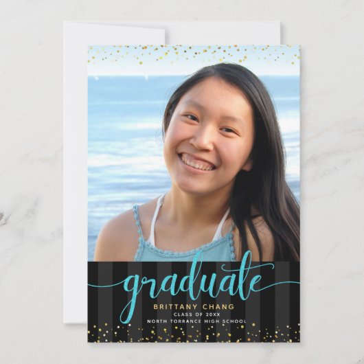 ターコイズグリッタースクリプト写真卒業オン黒 案内状 (正面)