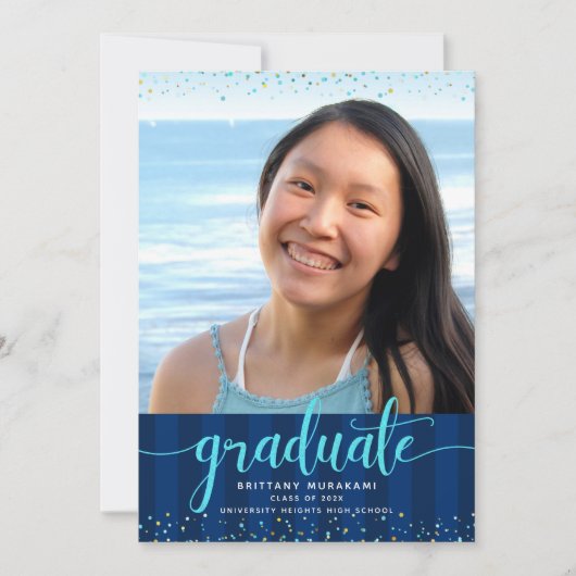 ターコイズグリッタースクリプト海軍の写真卒業 案内状 (正面)