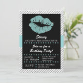 ターコイズグリッターリップキスをするアダルト誕生日 招待状 (スタンド正面)