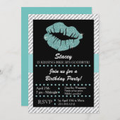ターコイズグリッターリップキスをするアダルト誕生日 招待状 (正面/裏面)