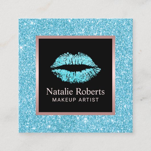 ターコイズグリッターリップ美しいサロンメイクアップアーティスト スクエア名刺 (正面)