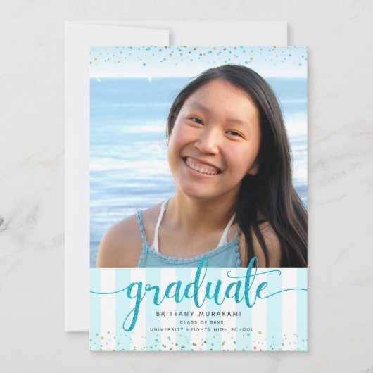 ターコイズグリッター台本の写真卒業モダン 案内状 (正面)