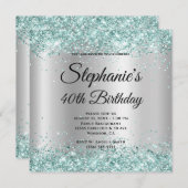 ターコイズグリッター淡いシルバーグラデーション 40歳の誕生日 招待状 (正面/裏面)