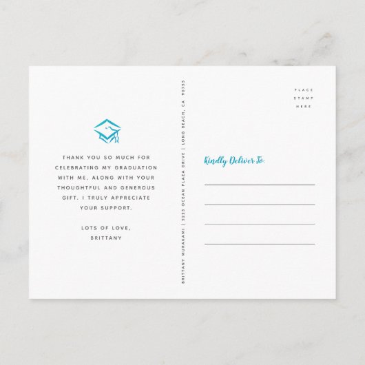 ターコイズグリッター フォト 卒業 ネイビー サンクス ポストカード (裏面)