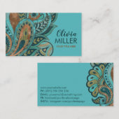 ターコイズグリーンおよび金ゴールドペイズリーオーナメント 名刺 (正面/裏面)