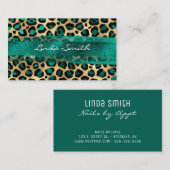 ターコイズグリーンとゴールドの箔押しヒョウ柄の筆致 名刺 (正面/裏面)