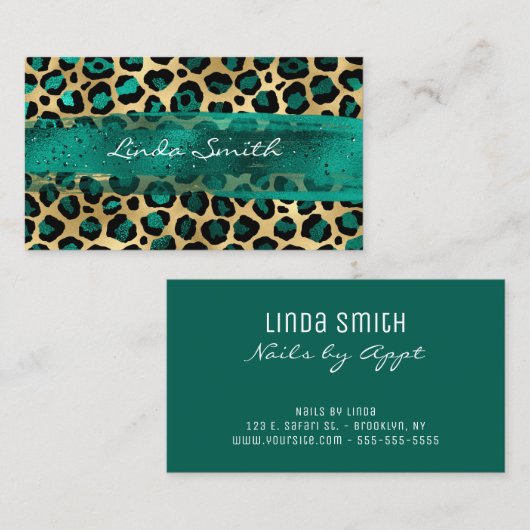 ターコイズグリーンとゴールドの箔押しヒョウ柄の筆致 名刺 (正面/裏面)