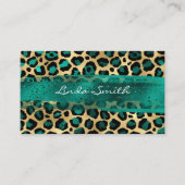 ターコイズグリーンとゴールドの箔押しヒョウ柄の筆致 名刺 (正面)