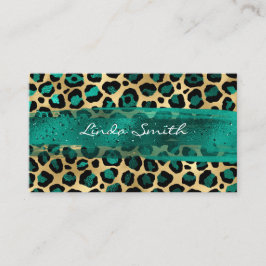 ターコイズグリーンとゴールドの箔押しヒョウ柄の筆致 名刺