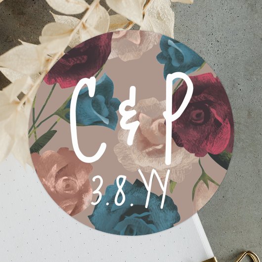 ターコイズグリーンとバーガンディーの結婚式の引き出物ステッカー ラウンドシール