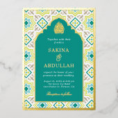ターコイズグリーンのペルシャモザイクが施されたムスリムの結婚式で使われるゴールド 箔招待状 (正面)