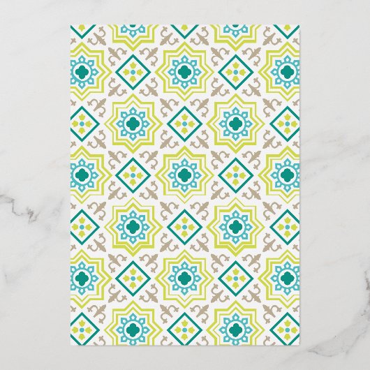 ターコイズグリーンのペルシャモザイクが施されたムスリムの結婚式で使われるゴールド 箔招待状 (裏面)