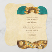 ターコイズグリーンのレトロなひまわりウェディング招待状 招待状 (正面/裏面)