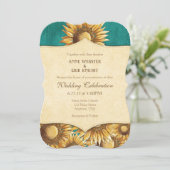 ターコイズグリーンのレトロなひまわりウェディング招待状 招待状 (スタンド正面)