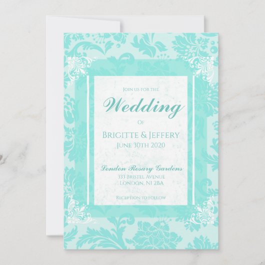 ターコイズグリーンのヴィンテージ ダマスク柄の招待状 招待状 (正面)