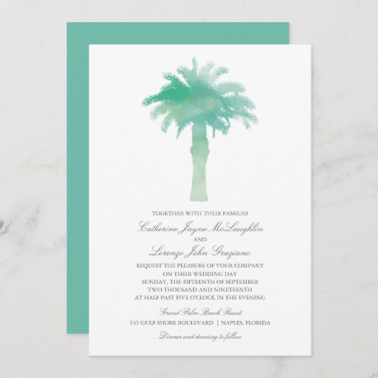 ターコイズグリーンの水彩パームツリーの結婚式 招待状 (正面/裏面)