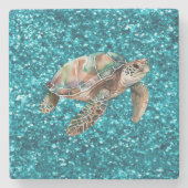 ターコイズグリーンの海亀 ストーンコースター (正面)