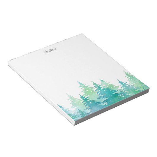 ターコイズグリーンウォーター色の常緑樹 ノートパッド (アングル)