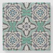 ターコイズグリーンティール(緑がかった色)ブルーお尻ボヘミアンバリアート ストーンコースター (正面)